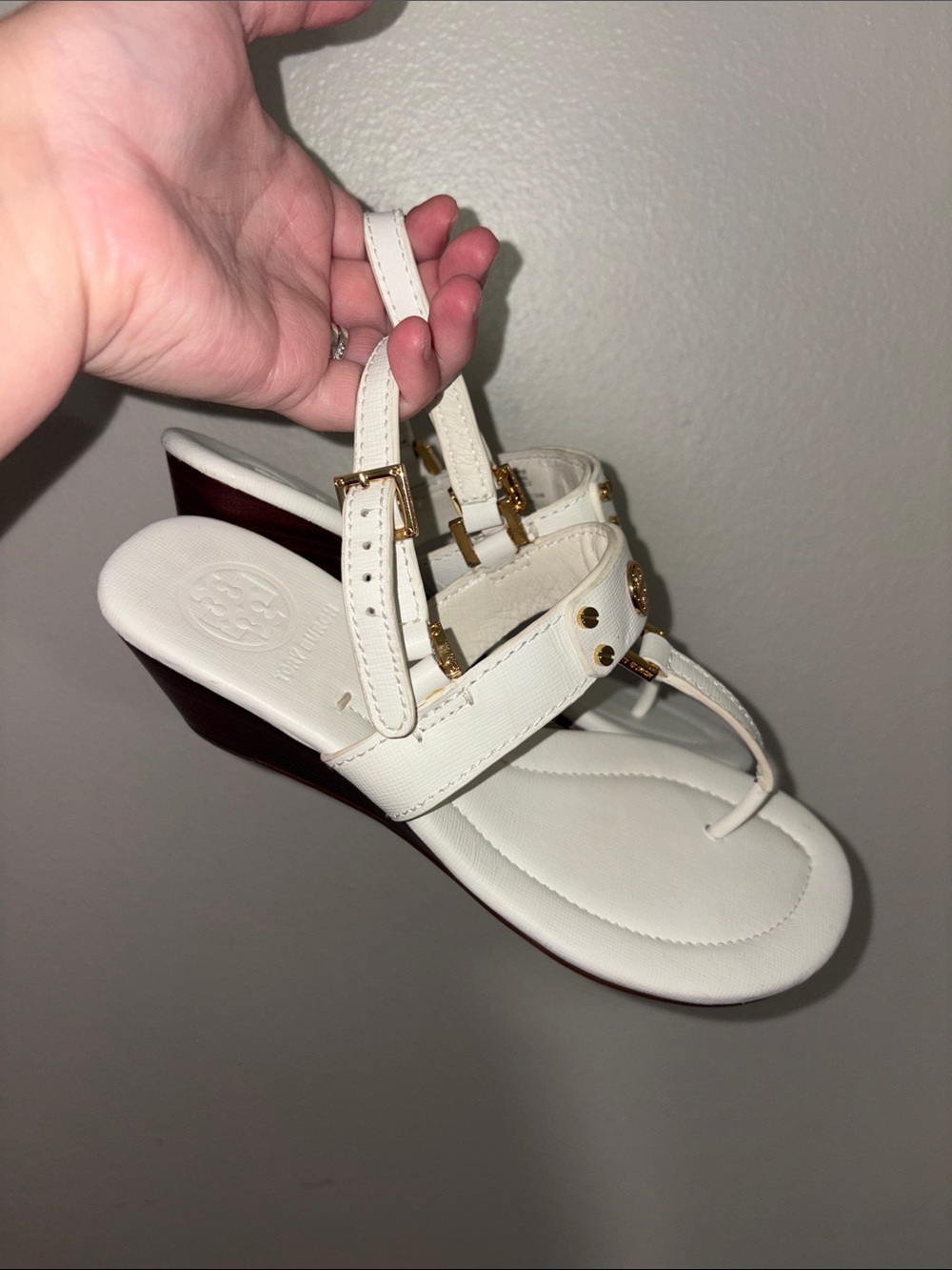 Tory Burch White Leather Wedge Thong Sandals with Gold Hardware
